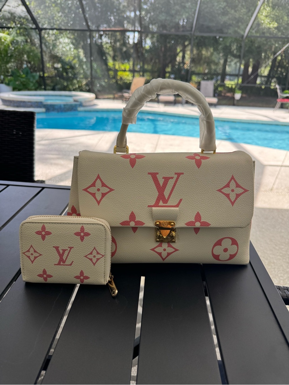 Cream and Pink Monogram Satchel and Wallet Set